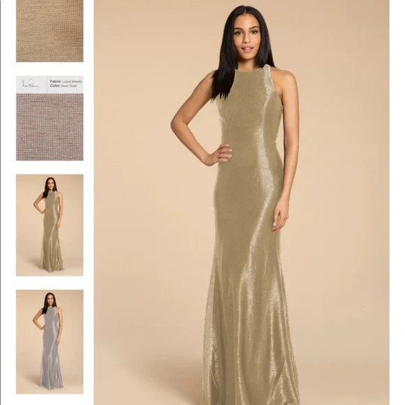green emerald velvet dress Hayley Paige Liquid Metallic Gold Maxi Formal Dress